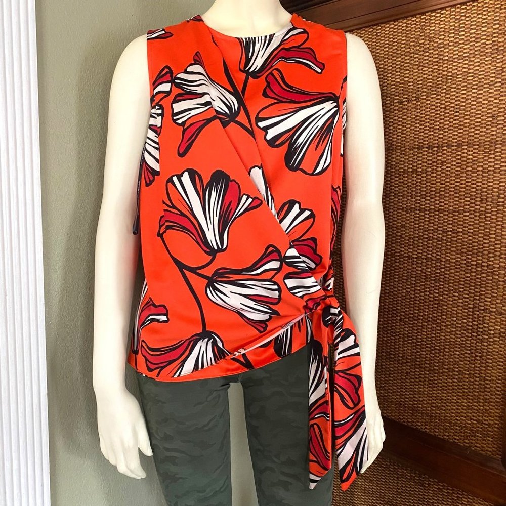 size 8 Principes by Ben de Lisi floral faux wrap tank blouse orange floral brigh